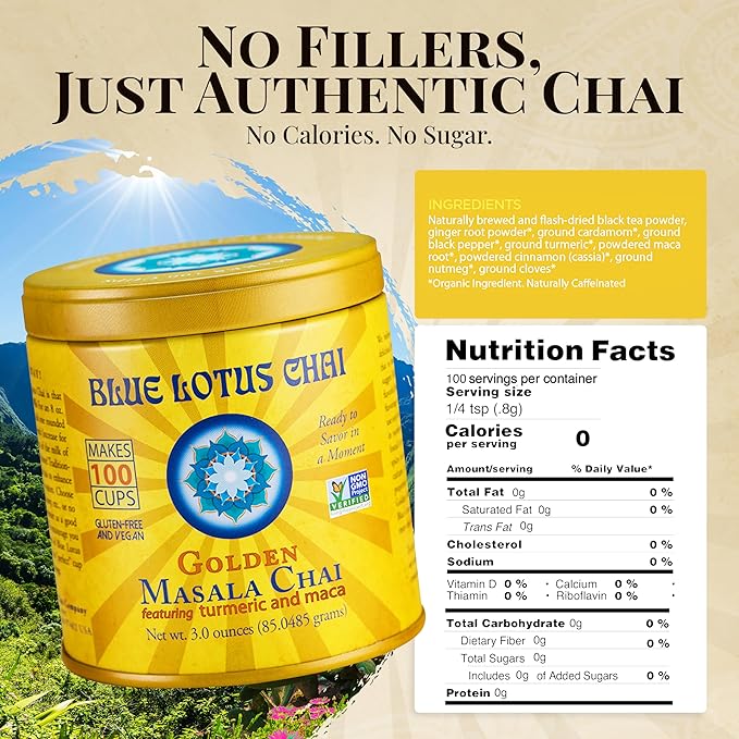 Blue Lotus Chai - Golden Masala Flavor Chai - Makes 100 Cups - 3 Ounce Masala Spiced Chai Powder
