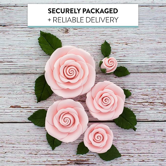 Global Sugar Art Edible Exquisite Rose & Leaf Tray Sugar Cake Flowers, Pink Unwired, 5 Count by