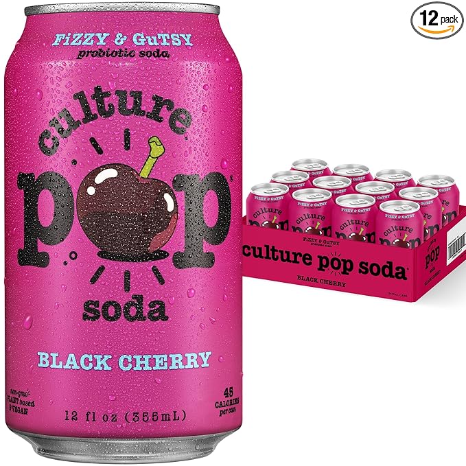 Culture Pop Soda, Black Cherry, Probiotic Low Sugar Soda, Sparkling Juice Alternative, Non-GMO