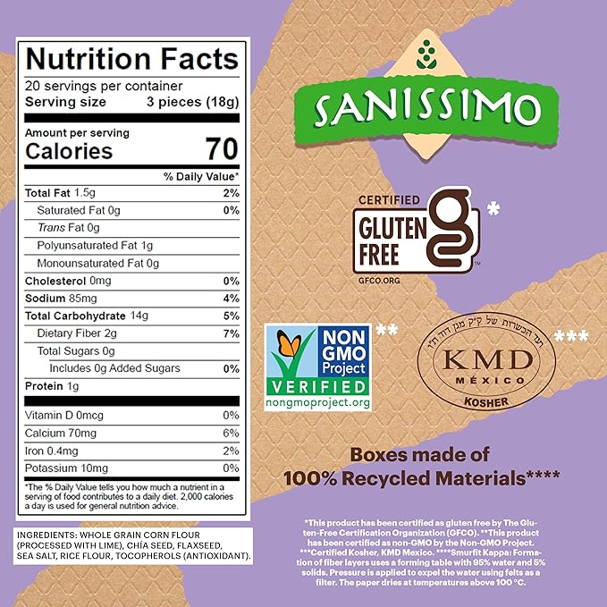 Sanissimo Salmas Chia & Flaxseed, 20 Packs of 3 Crackers, Oven Baked Corn Crackers, Gluten Free