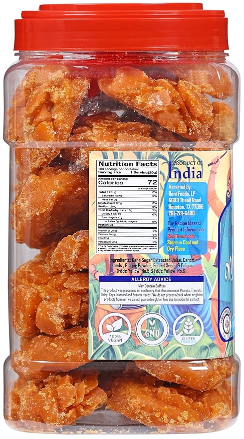 Rani Masala Gur (Jaggery) Indian Unrefined Raw Cane Sugar 70oz (4.4lbs) 2kg PET Jar ~ Gluten