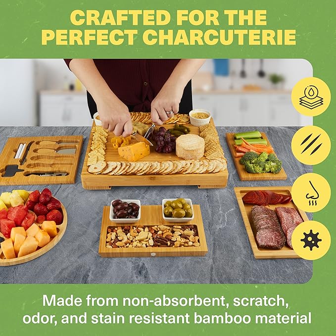 Dynamic Gear Charcuterie Boards with Drawers - Expandable Bamboo Cheese Board Set with Stainless