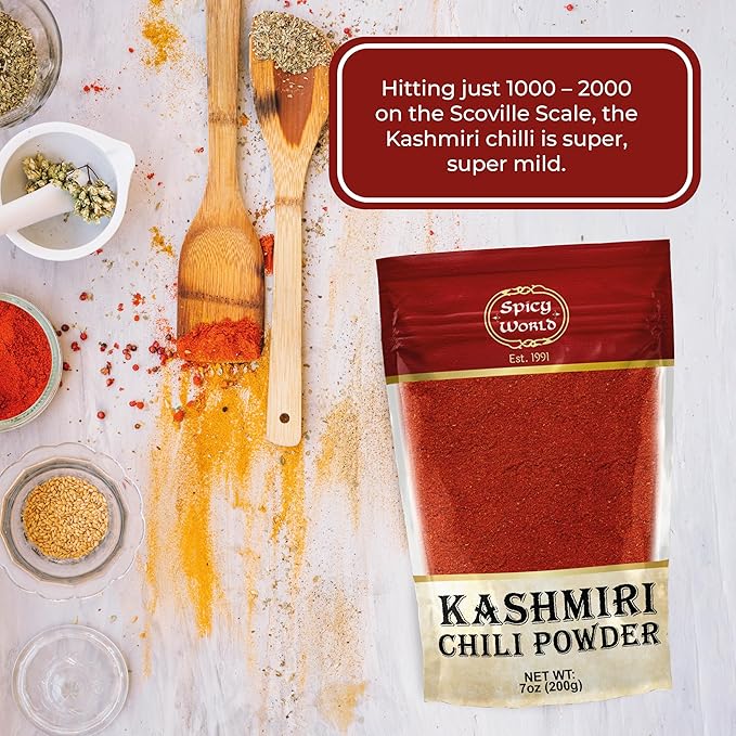 Spicy World Kashmiri Chili Powder Red 7 Ounce Resealable bag | All Natural Low Heat, Chili Powder