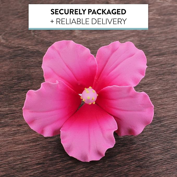 Global Sugar Art Hibiscus Sugar Cake Flowers, Hot Pink, Large, Hawaiian Cake Flower Large 3 Count