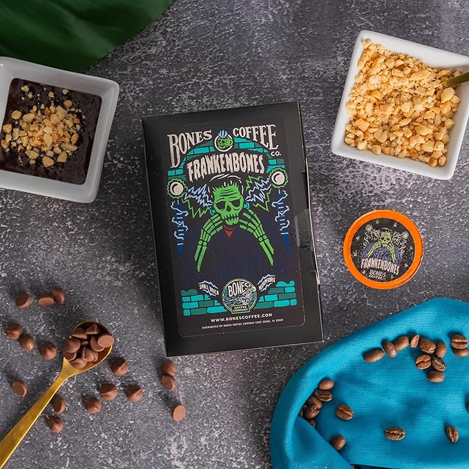 Bones Coffee Company Frankenbones, Hazelnut Chocolate Flavored Coffee Pods, Low Acid Medium Roast