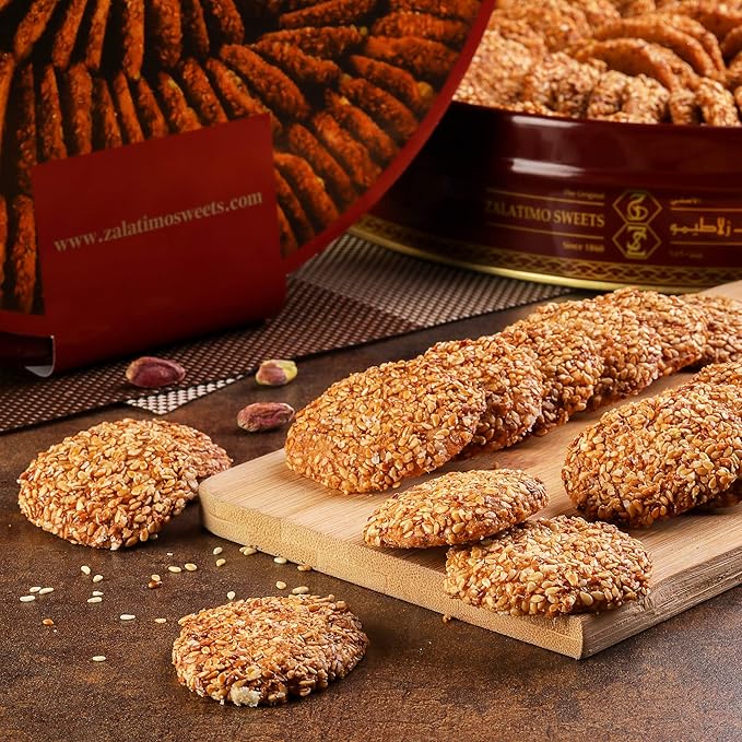 Zalatimo Sweets Since 1860, 100% All Natural Sesame Biscuits, Round Gift Tin, Slightly Sweet