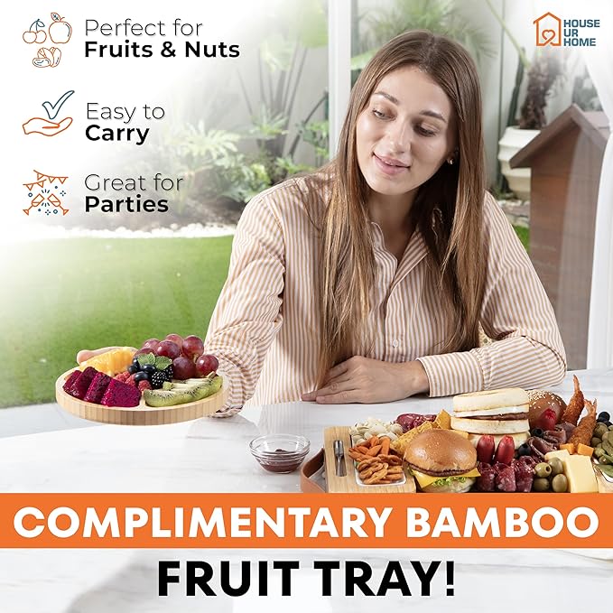 Bamboo Charcuterie Boards Gift Set with Magnetic Removable Side Trays, Fruit Tray, Handles