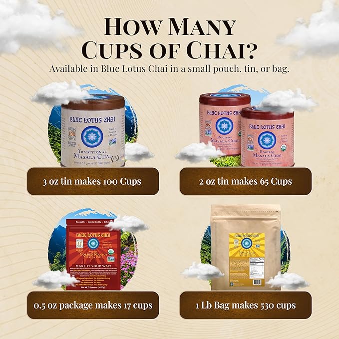 Blue Lotus Chai - Golden Rooibos Flavor Masala Chai - Makes 17 Cups - 0.5 Ounce Masala Spiced Chai