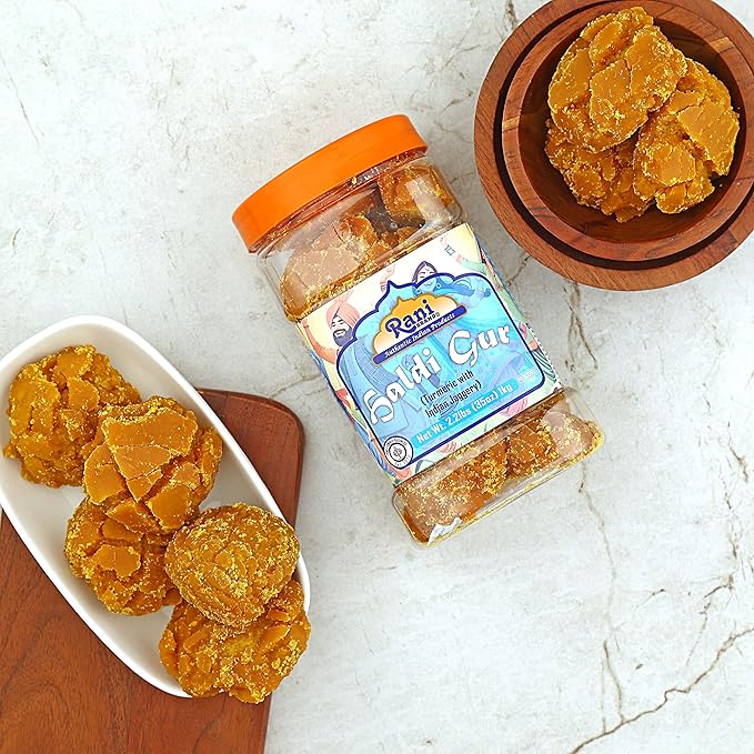 Rani Haldi Gur (Turmeric with Indian Jaggery) Indian Unrefined Raw Cane Sugar 35oz (2.2lbs) 1kg PET