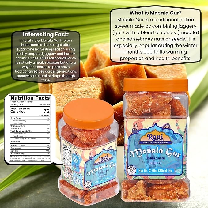 Rani Masala Gur (Jaggery) Indian Unrefined Raw Cane Sugar 35oz (2.2lbs) 1kg PET Jar ~ Gluten