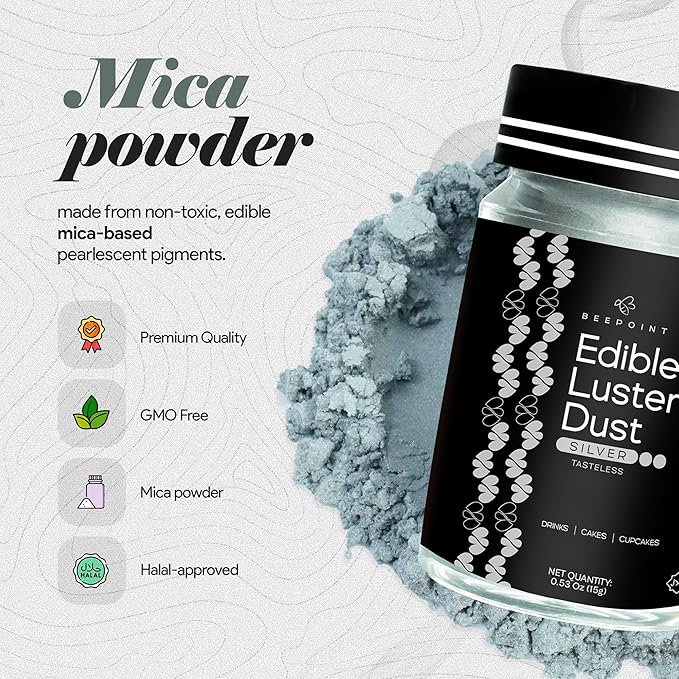 BeePoint Silver Edible Luster Dust 15g - Food Grade, Vibrant Color Shimmer Powdered Dust for
