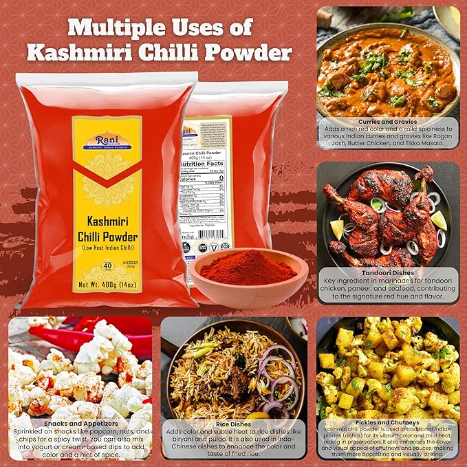 Rani Kashmiri Chilli Powder (Deggi Mirch, Low Heat) Ground Indian Spice 14oz (400g) ~ All Natural