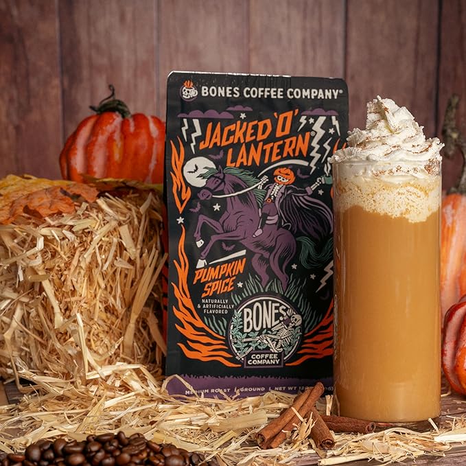 Bones Coffee Company Jacked 'O' Lantern, Pumpkin Spice Flavored Coffee, Medium Roast Low Acid