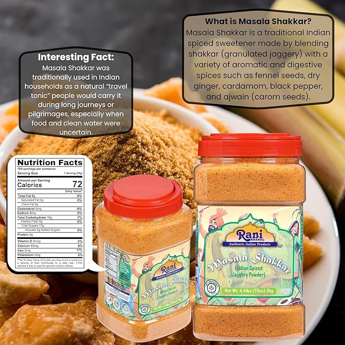 Rani Masala Shakkar (Indian Spiced Jaggery Powder) Unrefined Raw Cane Sugar 70oz (4.4lbs) 2kg PET
