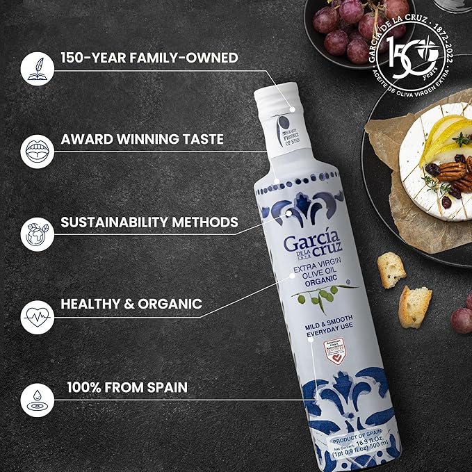 Organic Extra Virgin Olive Oil by Garcia de la Cruz, Mild Smooth Flavor for Everyday Use, Spanish