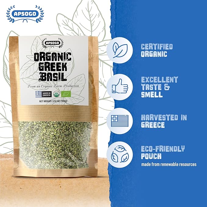 APSOGO Organic Dried Basil - Greek Basil Leaves for Cooking, Pure & Aromatic Herb Seasoning