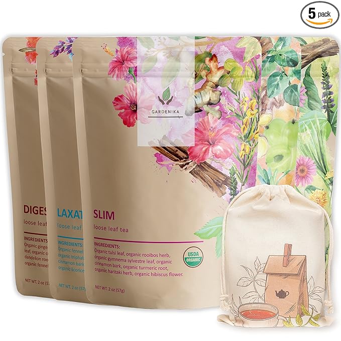 Gardenika Organic Loose Leaf Tea Set - Herbal and Caffeine-Free Variety - Kosher, No Natural or