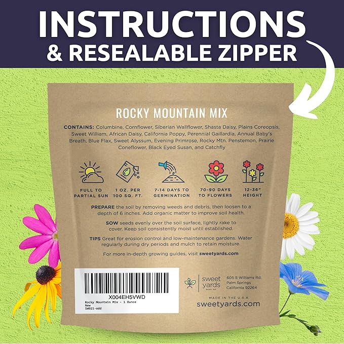 Rocky Mountain Regional Mix - Large 1 Ounce Packet - 25,000 Flower Seeds for Planting - Wildflower