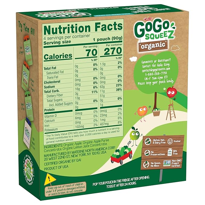 GoGo squeeZ Organic Applesauce and Fruit Puree, Apple Apple, 3.2 oz (Pack of 48), Unsweetened