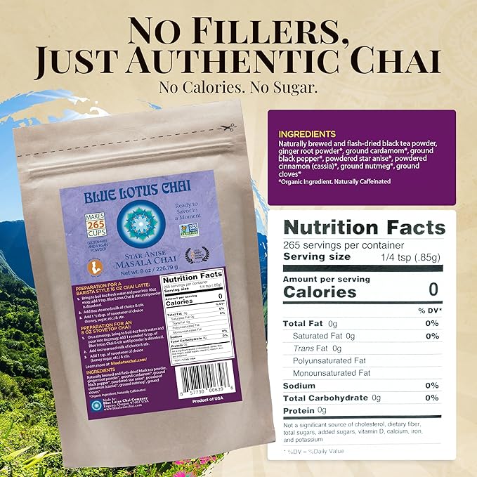 Blue Lotus Chai – Star Anise Masala Chai - Makes 265 Cups – Just Add Hot Water, No Steeping, No
