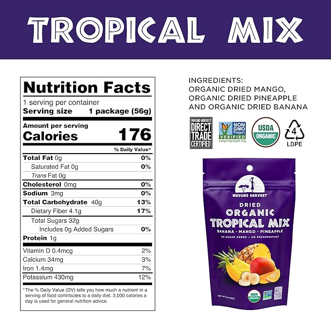 Mavuno Harvest Tropical Mix Dried Fruit Snack | Unsweetened Organic Mixed Dried Fruit | Gluten Free