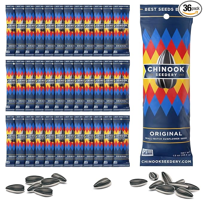 Chinook Seedery Roasted Sunflower Seeds to Eat - 1.5 oz (Pack of 36) Original - Jumbo Low Sodium