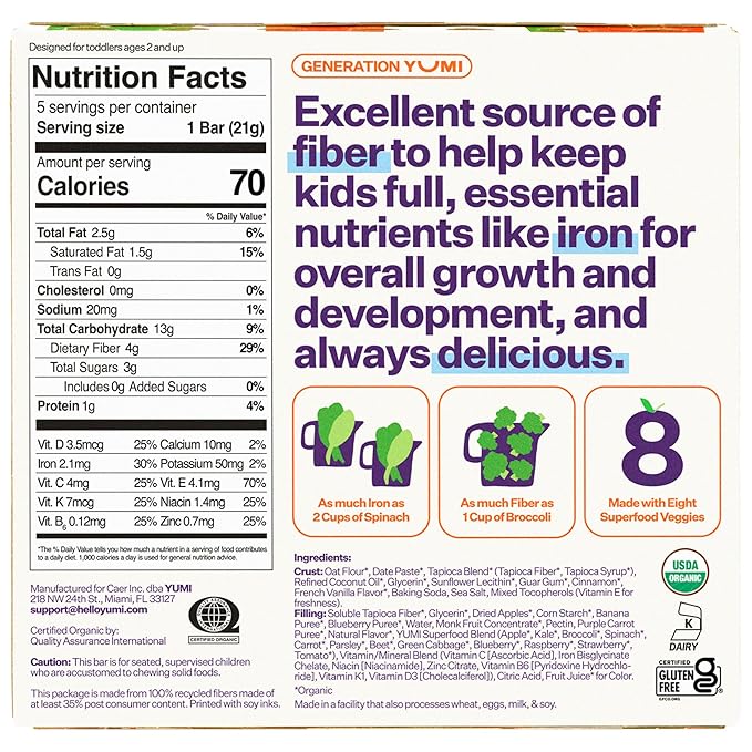 Yumi Organic Toddler Snacks Bars - Gluten-Free, No Added Sugar, 7+ Vegetables, Soft-Baked Crust