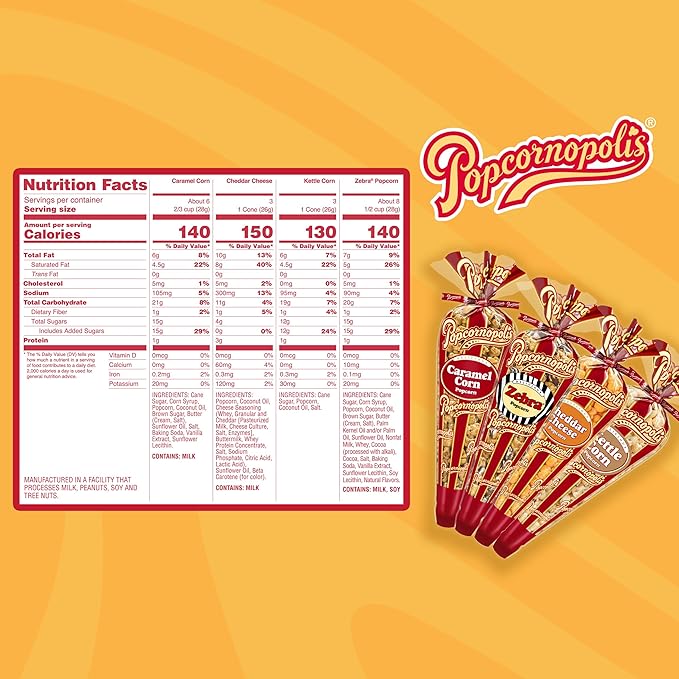 Popcornopolis Gourmet Popcorn Mini Cones Variety Pack ??10 Each of Zebra, Cheddar Cheese, Caramel &