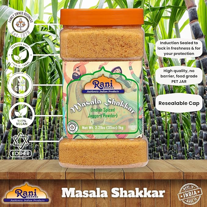 Rani Masala Shakkar (Indian Spiced Jaggery Powder) Unrefined Raw Cane Sugar 35oz (2.2lbs) 1kg PET