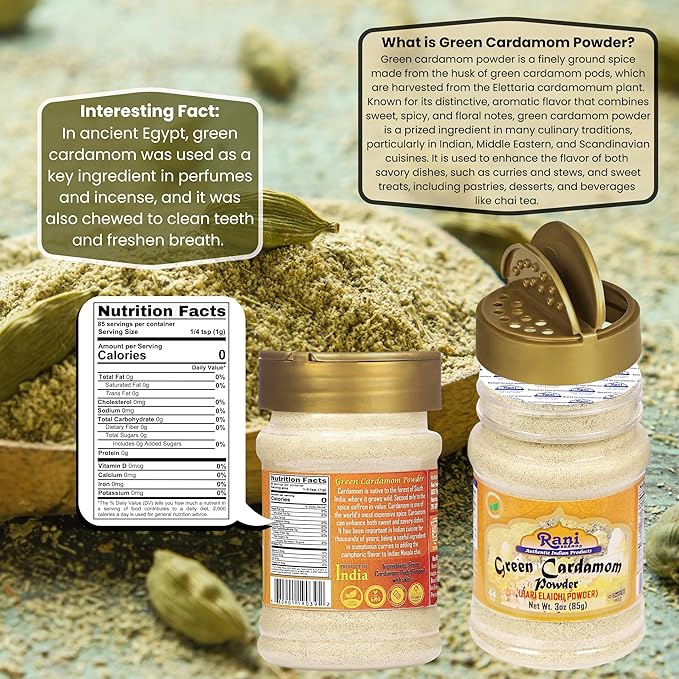 Rani Green Cardamom Pods Powder, Ground with Green Husks (Hari Elachi) 3oz (85g) PET Jar ~ All