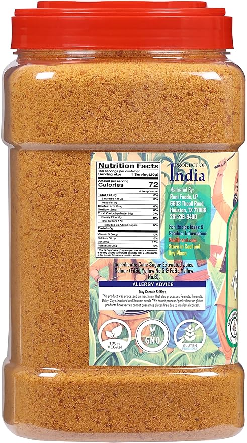 Rani Punjabi Shakkar (Gur Jaggery Powder) Indian Unrefined Raw Cane Sugar 70oz (4.4lbs) 2kg PET Jar