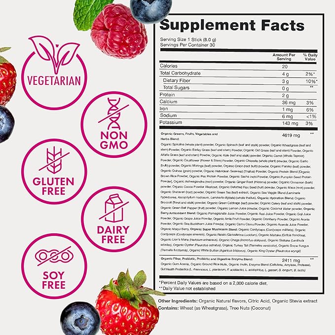 Zena Nutrition Organic Super Greens Powder, 70+ Superfoods, 0 Sugar, 3G Fiber, Spirulina