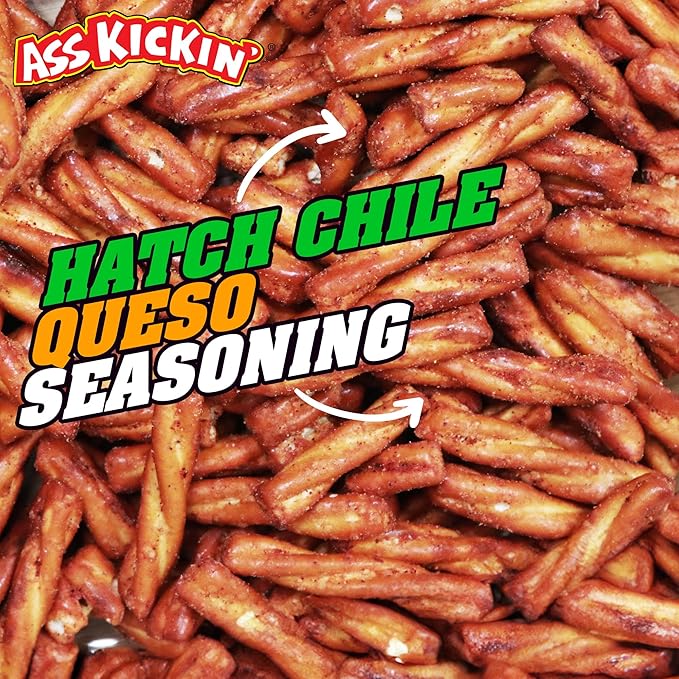 ASS KICKIN??Pretzels 12 Ounce Size Flavor Pack Seasoned Pretzel Twists (12oz, Hatch Chile Queso)