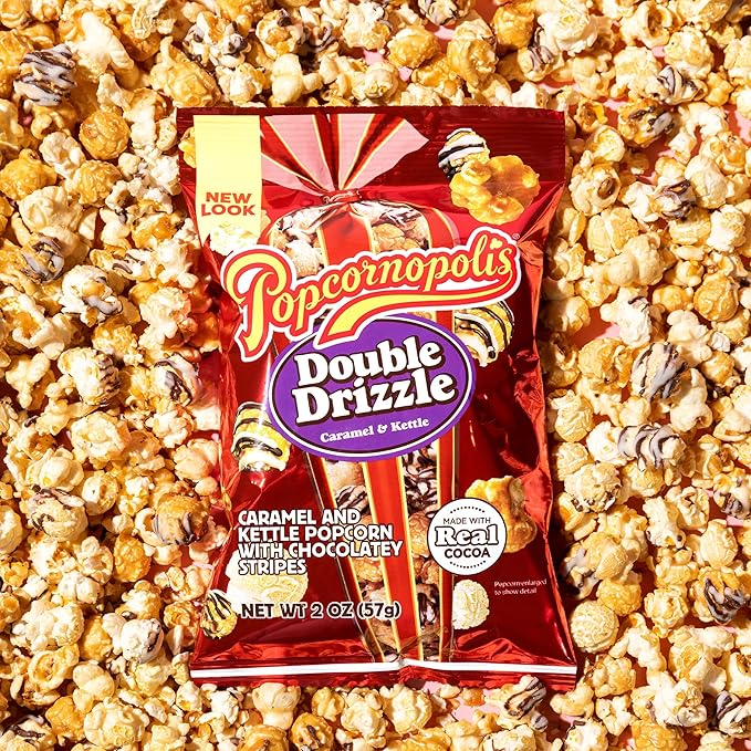 Popcornopolis Double Drizzle 6 ct, 2 oz Case, Caramel and Kettle with Chocolatey Stripes Flavored