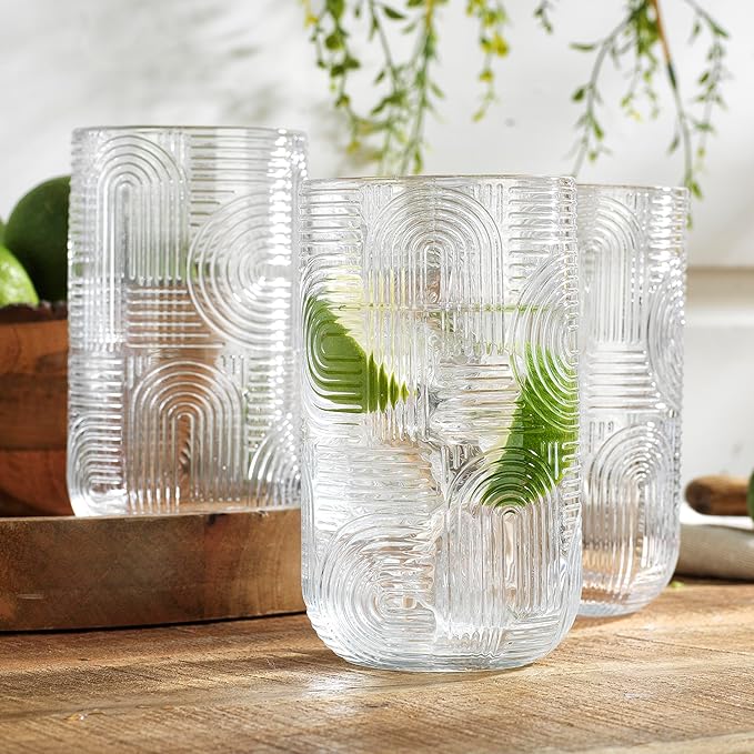 Glaver's Highball Glasses, 17 Ounce Embossed Designed Set of 4 Clear Kitchen Glassware For Home Bar