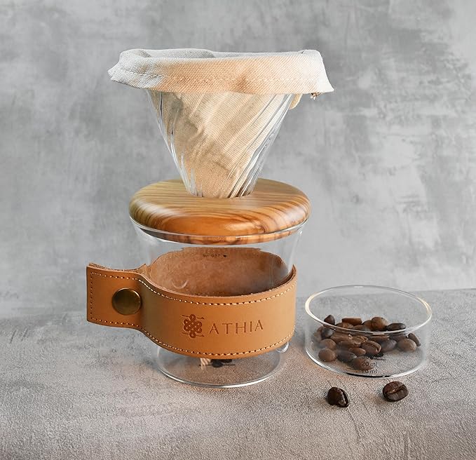 ATHIA glass pour over coffee maker set, minimalist drip coffee maker with reusable cloth filter