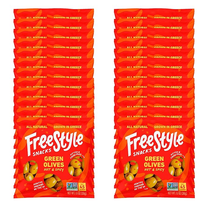 Freestyle Snacks Olive Snack Packs - Single Serve - Fresh Pitted Green Olives, Jumbo-Sized, Grown