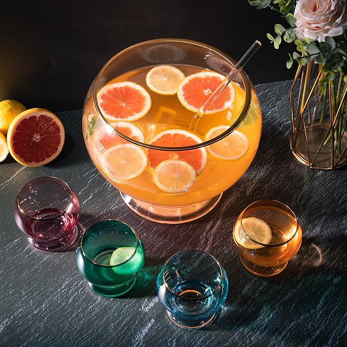 Colorful 1.7 Gallon Punch Bowl with 4 10oz Glasses Set with Ladle Gift For Mothers Day, Her, Wife