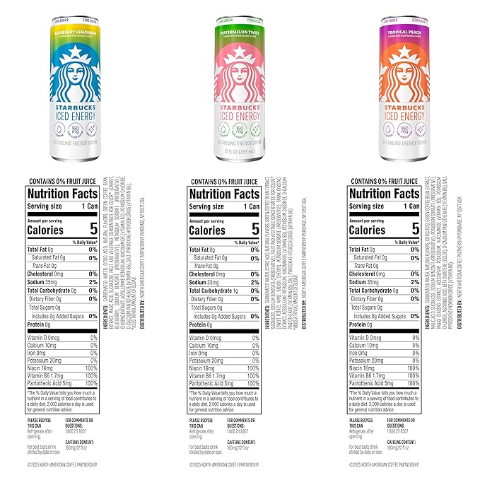 Starbucks Iced Energy Drink, 3 Flavor Variety Pack (Tropical Peach, Watermelon Splash, Blueberry