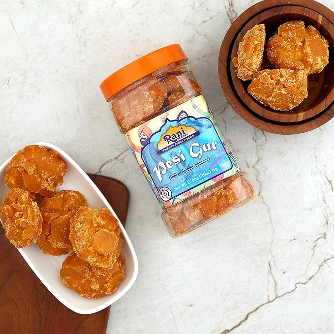 Rani Pesi Gur (Jaggery) Indian Unrefined Raw Cane Sugar 35oz (2.2lbs) 1kg PET Jar ~ Gluten Friendly