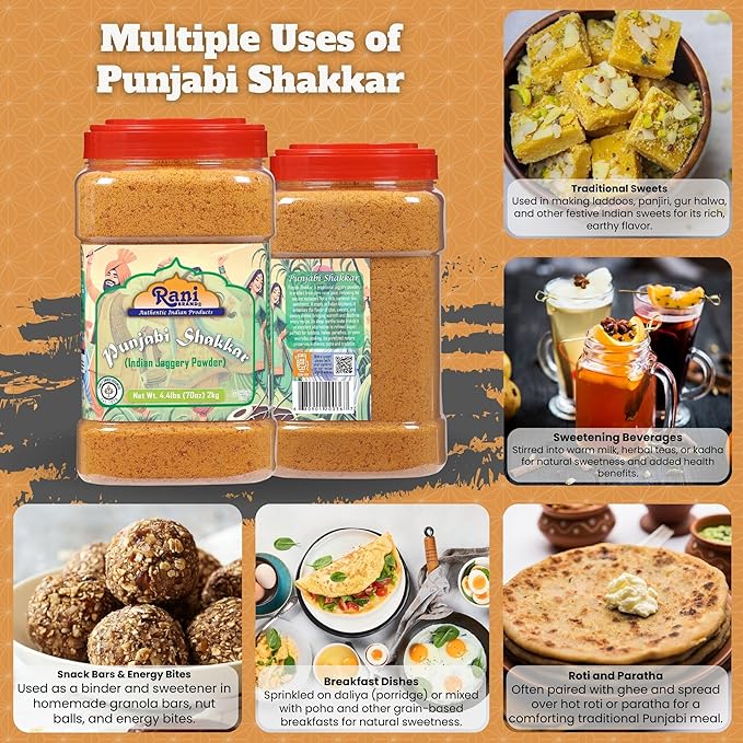 Rani Punjabi Shakkar (Gur Jaggery Powder) Indian Unrefined Raw Cane Sugar 70oz (4.4lbs) 2kg PET Jar
