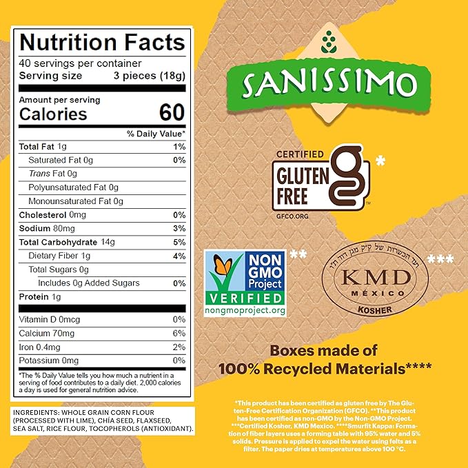 Sanissimo Salmas Salted, 40 packs of 3 Crackers, Oven Baked Corn Crackers, Gluten Free, Non GMO