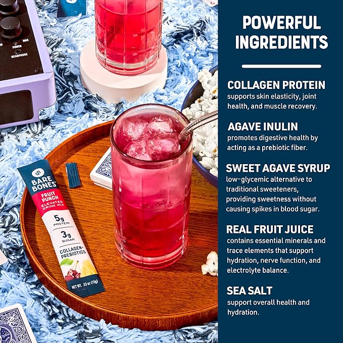 Bare Bones Fruit Punch Elevated Drink Mix | Collagen & Prebiotics | Gluten-Free & Naturally