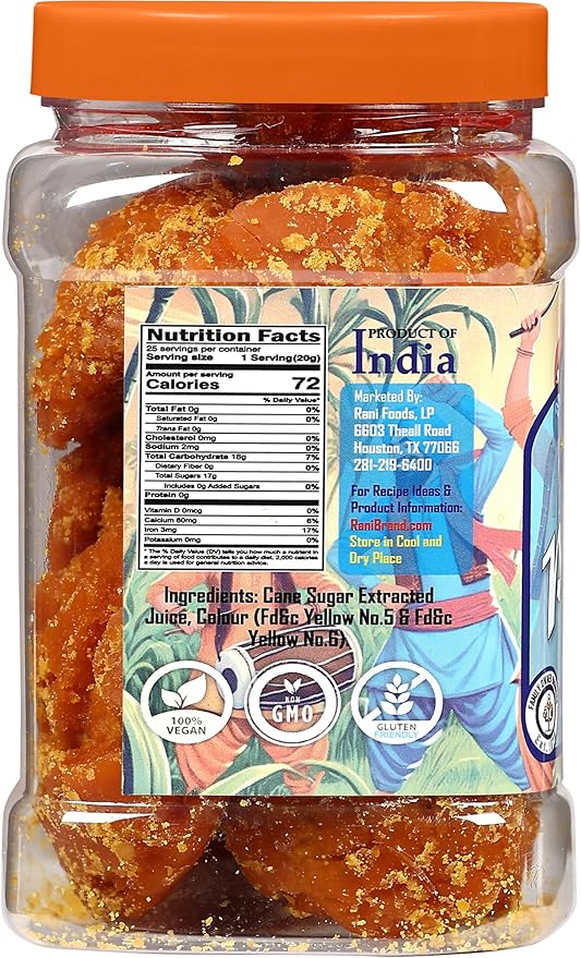 Rani Pesi Gur (Jaggery) Indian Unrefined Raw Cane Sugar 17.5oz (1.1lbs) 500g PET Jar ~ Gluten