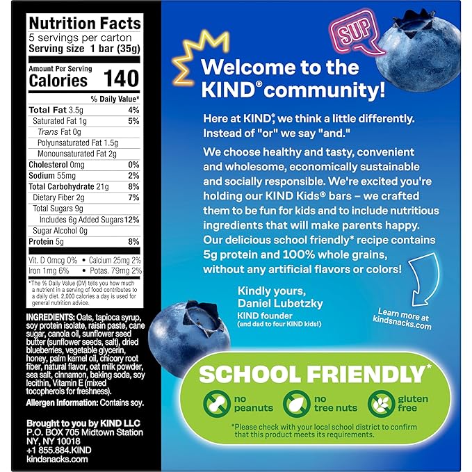 KIND Kids Snacks, Blueberry Muffin Bar, Tree Nut and Peanut Free, Gluten Free, Whole Grains and