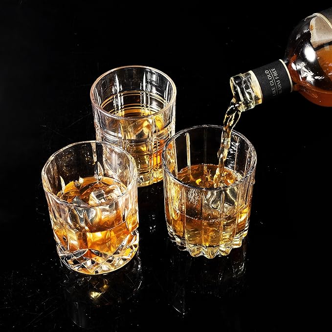 KANARS Whiskey Glasses Mixed, 10 Oz Scotch Glasses Set of 6, Rock Bar Tumblers 3 Patterns in Luxury