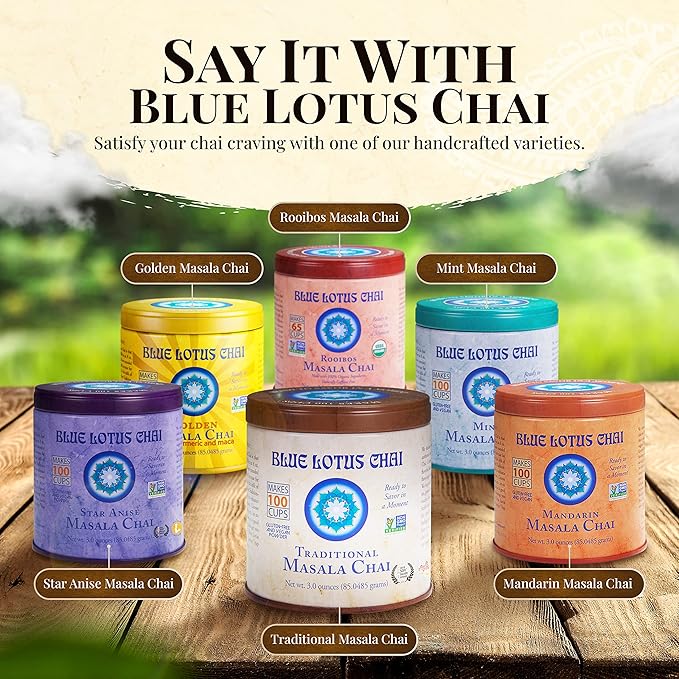Blue Lotus Chai Tea - Traditional Masala Chai - Makes 100 Cups - 3 Ounce Masala Spiced Chai Powder