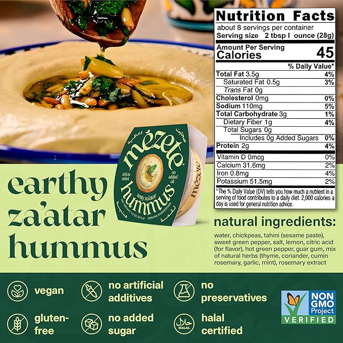 Mezete Zesty Za'atar Hummus Dip | Authentic Middle Eastern | 100% All Natural Dips and Spreads |