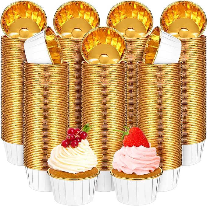 300 Pack White Gold Cupcake Liners Bulk Disposable Foil Muffin Cups 3.5 oz Wrappers for Baking