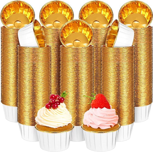 300 Pack White Gold Cupcake Liners Bulk Disposable Foil Muffin Cups 3.5 oz Wrappers for Baking